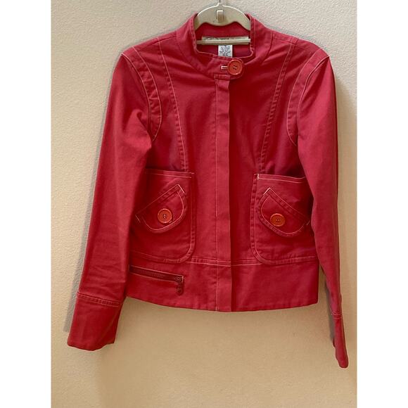 Anthropologie Sitwell ~ Moto Jean Jacket Bright Redish Pink Buttons ~ Sz 10 - Picture 3 of 9